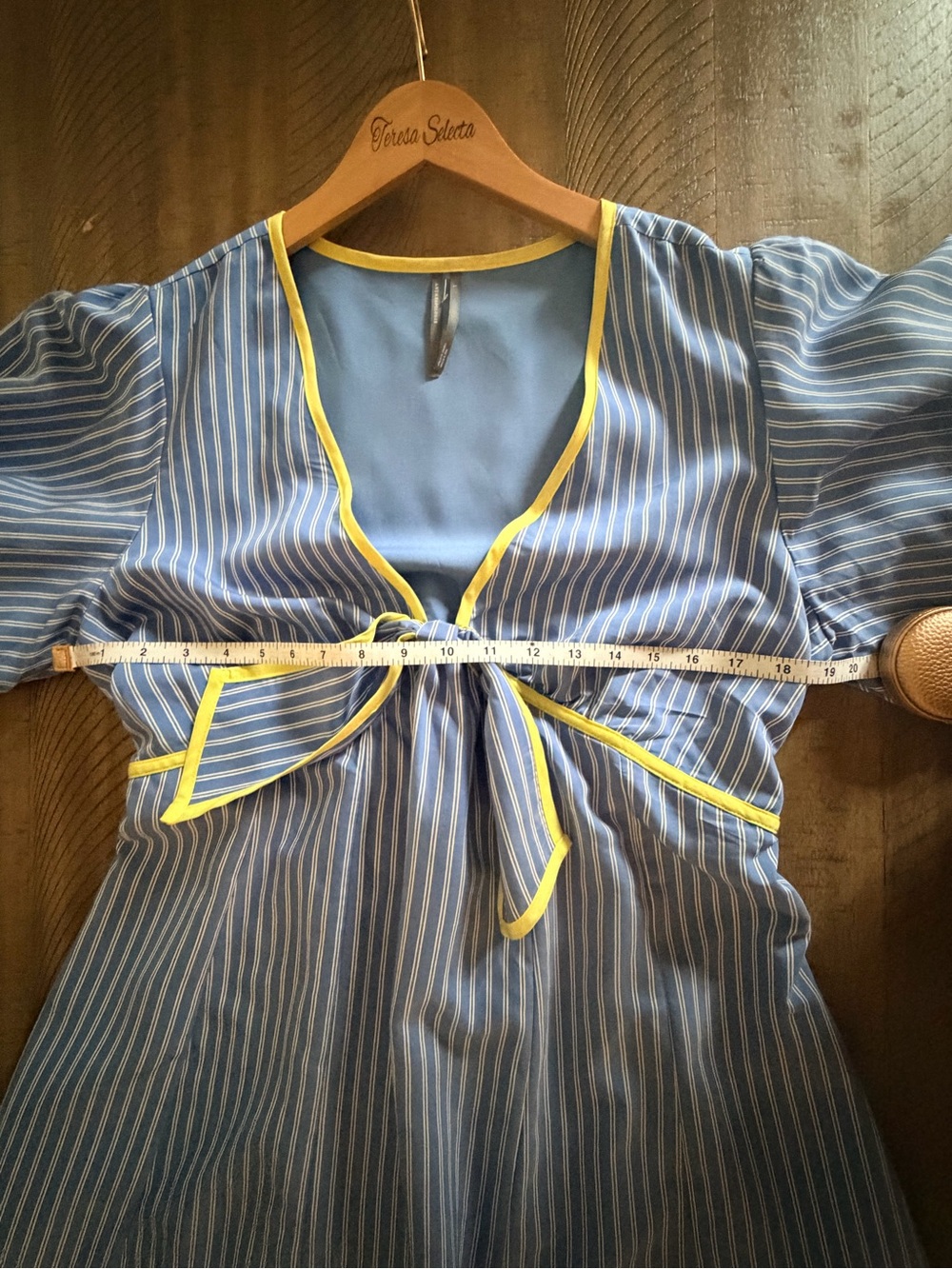 Anthropologie Maeve Blue Striped Midi Dress Yellow Trim Tie Front Size L Boho - Picture 8 of 10
